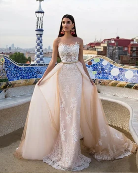 Vestido de Noiva Princesa, Съемный шлейф, Тюлевые свадебные платья, аппликации из жемчуга, Robe de Mariee, Винтаж, Купить в Китае Напрямую