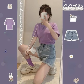 Лето 2023, новая корейская система ins, фиолетовая футболка для маленьких детей, модные мини-джинсы, короткая юбка, комплект из двух предметов y2k