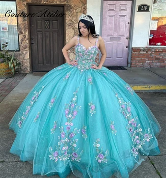 Пышные платья-спагетти с розовыми цветами и синим, сладкие 16 платьев, бальное платье, платья для дня рождения принцессы, кружевные платья для бала