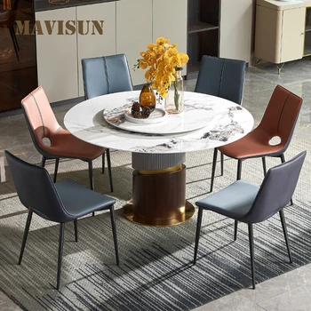 Круглый стол из светлого роскошного шифера на заказ с поворотным столом; Современная минималистичная многофункциональная мебель из мрамора для больших квартир