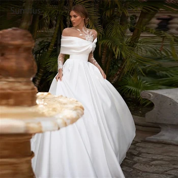 Винтажное бальное платье с длинными рукавами, Свадебное платье 2023, аппликации, Прозрачное кружевное пятно, Vestidos De Novia Robe De Mariée