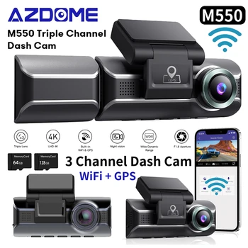 AZDOME M550 3-Канальная Видеорегистраторная Камера Спереди Внутри Сзади Трехсторонняя Автомобильная Видеорегистраторная Камера 4K + 1080P Двухканальная С GPS WiFi ИК Ночного Видения