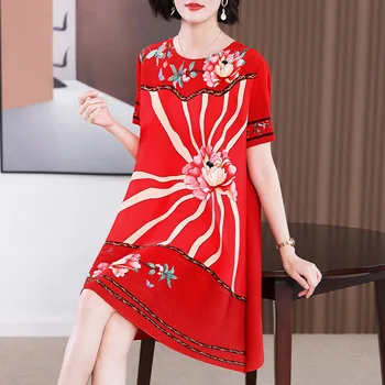 Летнее Свободное женское платье 2023 с винтажным принтом, круглый вырез, Короткие рукава, Трапециевидная плиссированная одежда Miyake выше колен