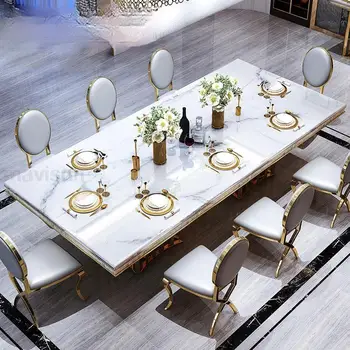 Роскошное Сочетание обеденного стола и стула из белого мрамора Прямоугольной формы, Большая лаконичная Современная мебель итальянского типа