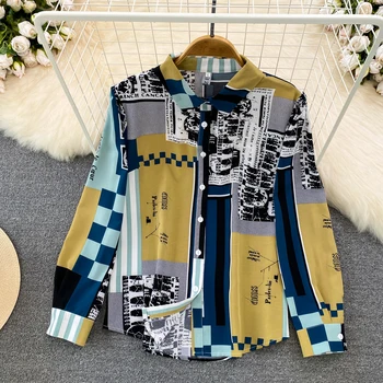 Весенне-осенняя винтажная гонконгская стильная контрастная свободная однобортная рубашка с длинными рукавами, топ с цветочной подкладкой.