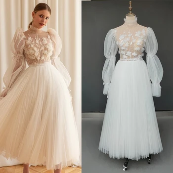 Длинные рукава-пузыри, Свадебное платье с высоким воротом, 3D Цветы, молния, Сшитые на Заказ, Плиссированные тюлевые свадебные платья Чайной длины Миди