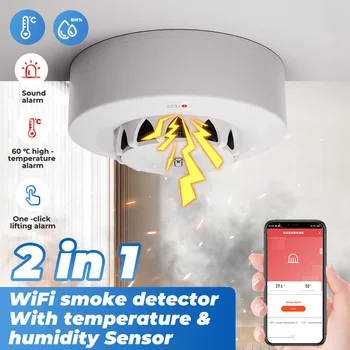Tuya WiFi Дымовая сигнализация, датчик температуры и влажности, датчик 2 В1 Smart Life Firefighter, совместимый с Alexa Google Home