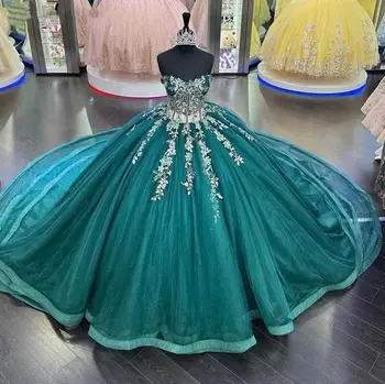 Пышные платья принцессы Хантер Грин с цветочными аппликациями, бусины на шнуровке, кристаллы, платье Sweet 16, праздничное платье 15 Anos