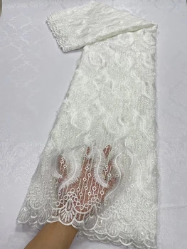 Мода 2023 Африканская Нигерийская кружевная ткань Вышивка Вечерние платья Для женщин Белый тюль Шитье Пайетки Сетчатые ткани 5 ярдов