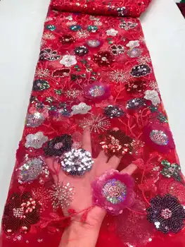 Красная Африканская кружевная ткань для жениха, расшитая бисером, 2023 Высококачественная Французская сетка с пайетками, Нигерийские кружевные ткани для пошива вечерних свадебных платьев