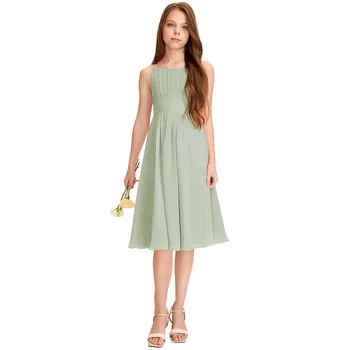 Детское платье подружки невесты YZYmanualroom Трапециевидное Шифоновое Зеленое вечернее платье длиной до колен, новые Элегантные тонкие банкетные платья