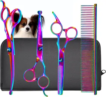 Ножницы для домашних животных 7-дюймовые Цветные ножницы с плоскими зубьями, Филировочные ножницы, изогнутые ножницы, гребень для стрижки собак и кошек