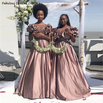 Коричневые кружевные платья подружек невесты с аппликацией, с открытыми плечами, Прозрачное свадебное платье трапециевидной формы с круглым вырезом, Африканское женское платье для выпускного вечера