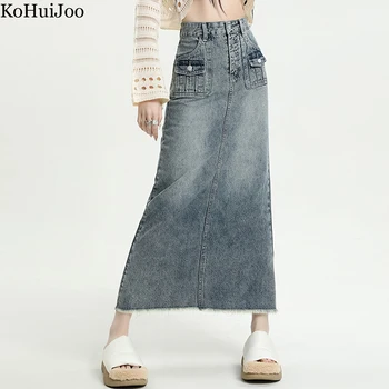 Длинная джинсовая юбка KoHuiJoo, Женская весенне-летняя джинсовая юбка с высокой талией и карманом на пуговицах, Повседневные джинсовые юбки трапециевидной формы длиной до щиколотки, Женская уличная одежда