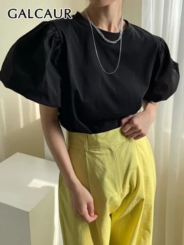 GALCAUR Минималистичная Повседневная Рубашка Для Женщин С Круглым Вырезом И Пышными Рукавами, Корейская Однотонная Блузка, Женская Модная Одежда 2023, лето
