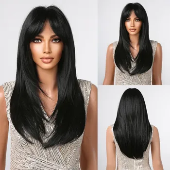 EASIHAIR Черные синтетические парики из натуральных волос, длинные прямые, для косплея, Многослойный парик с длинной челкой для женщин, Афро Повседневный Термостойкий