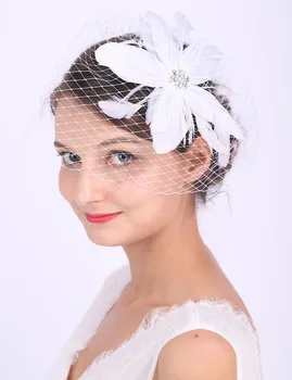Свадебные вуали, свадебная шляпка, Белое цветочное перо, Фата для лица, свадебные аксессуары, Птичья клетка для женщин