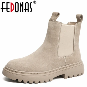 FEDONAS/ 2023, осенне-зимние базовые женские ботильоны из коровьей замши, лаконичная повседневная женская обувь на толстом каблуке и платформе с круглым носком