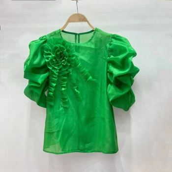 2023 Летняя женская шифоновая рубашка с крупными цветочными оборками, короткие рукава с круглым вырезом, свободные пуловеры, блузки, Белые топы