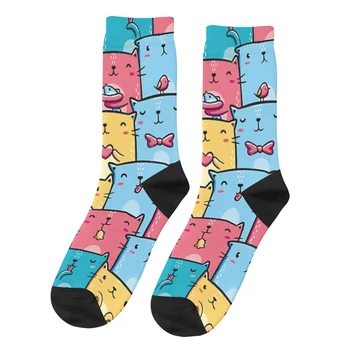 Винтажные мужские носки с разноцветными кошками Cat Animal унисекс в стиле Харадзюку с бесшовным принтом Happy Crew в подарок