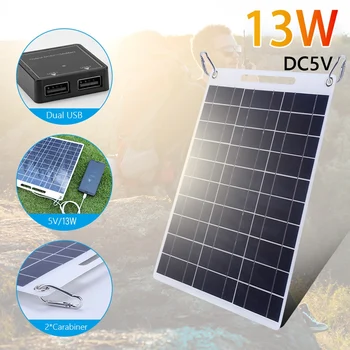 Солнечная панель мощностью 13 Вт 5 В, наружная монокристаллическая кремниевая Гибкая зарядная панель с двумя USB-батареями для зарядки устройств с напряжением 5 В