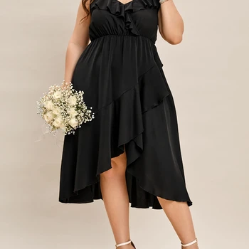 Женское черное летнее платье миди большого размера 2023, V-образный вырез, Свободные Элегантные вечерние коктейльные платья трапециевидной формы, одежда большого размера