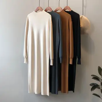 Высококачественное женское платье-свитер с полувысоким вырезом, зимняя новая корейская версия, свободные мягкие трикотажные топы с длинными секциями, чистый цвет