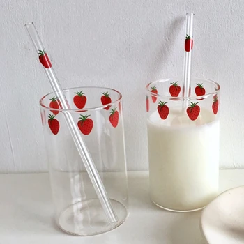 Клубничная милая стеклянная чашка с соломинкой, креативная Прозрачная чашка для воды, Студенческое молоко, Термостойкие стеклянные стаканы для питья Nana