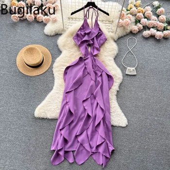 Праздничное платье в пляжном стиле Bugilaku, женские платья в стиле пэчворк с оборками, однотонные облегающие платья, женский модный сексуальный летний халат Femme