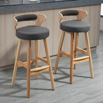 Барные стулья из массива дерева в скандинавском стиле для кухни, современный минималистичный высокий стул из легкой роскошной кожи для домашнего отдыха Sillas Furniture WK