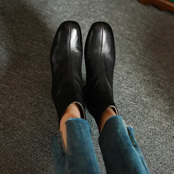 Ботильоны, женская зимняя обувь базового стиля, женская обувь из воловьей кожи на молнии сзади, весенне-осенние ботинки, винтажные короткие ботинки с квадратным носком