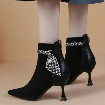 Эластичные женские ботинки на высоком каблуке с острым носком, женские модные короткие сапоги для женщин из эластичной ткани на тонком каблуке Botas Mujer