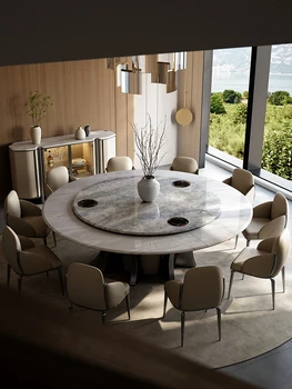 Роскошный мраморный круглый стол и сочетание стульев современный простой каменный круглый стол с электрическим поворотным столом