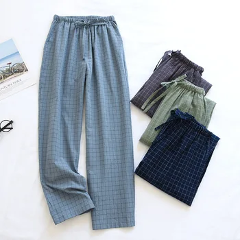 Новое поступление Пижамы для мужчин, пижамные штаны, Весенне-летняя Домашняя одежда, плавки для сна, свободные брюки в клетку из 100% хлопка