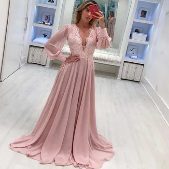 Розовые Шифоновые Элегантные вечерние платья, сексуальный глубокий V-образный вырез, Длинный рукав, Кружевная аппликация, вечернее платье для выпускного вечера с открытой спиной, большие размеры