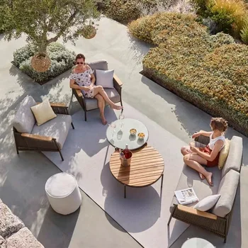 В скандинавском стиле открытый плетеный из веревки диван внутренний двор балкон сад для отдыха водонепроницаемый диван из алюминиевого сплава комбинация чайного столика