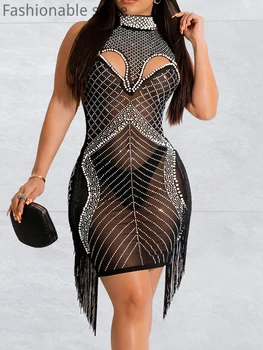 Женское Сексуальное Прозрачное сетчатое платье со стразами, облегающее платье без рукавов, платья для ночного клуба, Vestido