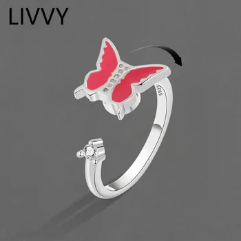 LIVVY Серебристого цвета, сверкающий циркон, Милая красная бабочка, кольца с поворотным механизмом для женщин, Украшения для помолвки, подарки на годовщину