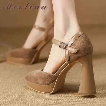 Meotina/ Женские туфли-лодочки из натуральной кожи с острым носком на платформе и высоком толстом каблуке с пряжкой, женская модная обувь из детской замши, весна-осень