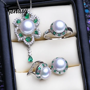 FENASY, серебро 925 пробы, Изумрудные ювелирные наборы, Серьги-гвоздики из натурального жемчуга, богемное ожерелье с подвеской, Женское кольцо с зелеными камнями