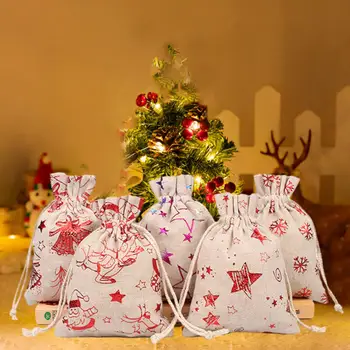 Праздничная сумка в деревенском стиле, яркие пакеты для рождественских подарков в деревенском стиле, 24 многоразовых хлопчатобумажных льняных комплекта из мешковины горячего тиснения для праздника