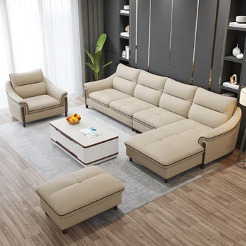 Размер кожаного дивана для гостиной простой современный угловой кожаный диван из воловьей кожи первого слоя в сочетании с массивом дерева