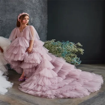 Элегантное детское праздничное платье с V-образным вырезом, многослойные платья с цветочным узором для девочек, свадьба принцессы для первого причастия, Хай-лоу